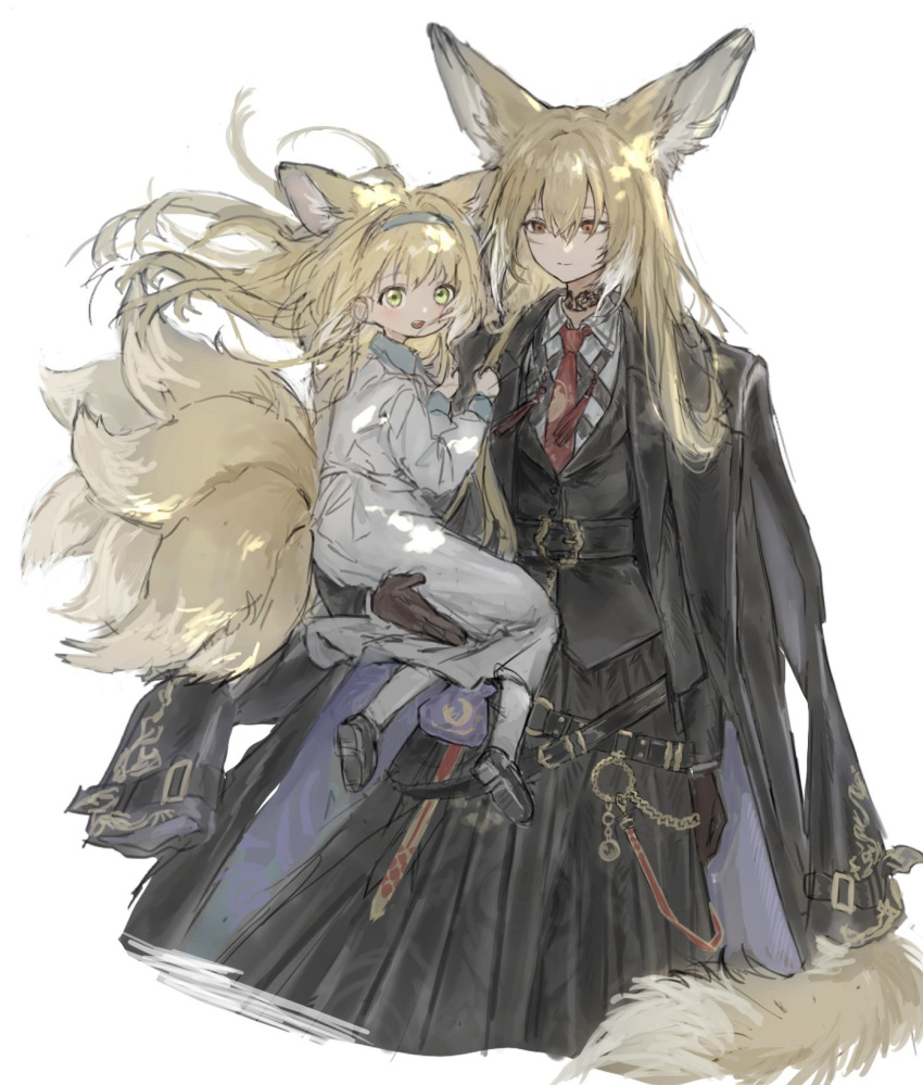 2girls, :d, animal_ears, arknights, black_coat, black_jacket, black_skirt, blonde_hair, blue_hairband, brown_gloves, carrying, carrying_person, closed_mouth, coat, coat_on_shoulders, commentary_request, dress, gloves, green_eyes, hair_between_eyes, hairband, highres, jacket, korean_commentary, lnrglc, long_hair, long_sleeves, looking_at_another, looking_at_viewer, mother_and_daughter, multiple_girls, multiple_tails, necktie, open_mouth, orange_eyes, pleated_skirt, red_necktie, scar, scar_on_cheek, scar_on_face, simple_background, skirt, smile, suzuran_(arknights), tail, tassel, vulpisfoglia_(arknights), white_background, white_dress, yellow_tail