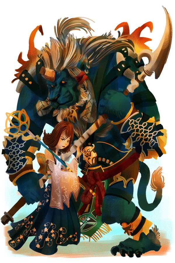 1boy, 1girl, arm_guards, blue_fur, braid, broken_horn, brown_hair, detached_sleeves, dress, final_fantasy, final_fantasy_x, galgard, holding, holding_polearm, holding_staff, holding_weapon, horns, jewelry, kimahri_ronso, medium_hair, necklace, nontraditional_miko, obi, polearm, ronso, sash, spear, staff, tail, weapon, white_hair, yuna_(ff10)