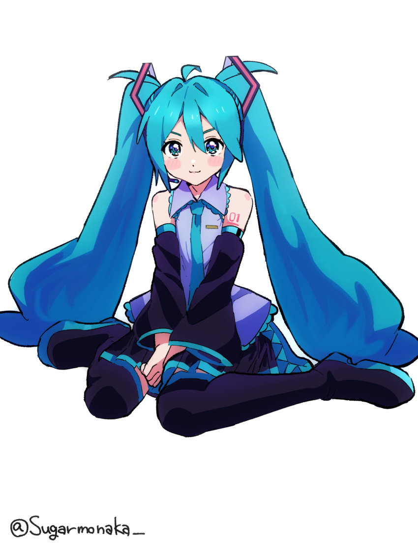 1girl, artist_name, bare_shoulders, between_legs, black_footwear, black_skirt, blue_eyes, blue_hair