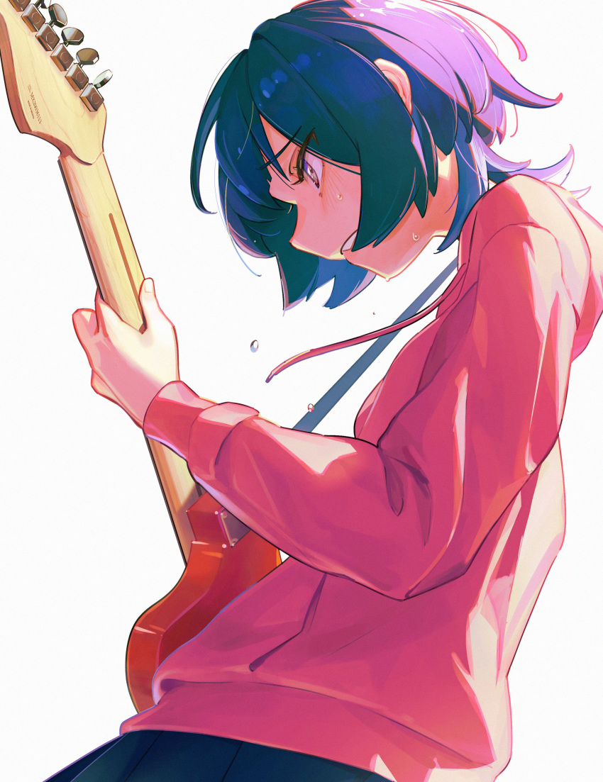 1girl, absurdres, backlighting, blue_skirt, commentary, dutch_angle, electric_guitar, from_below