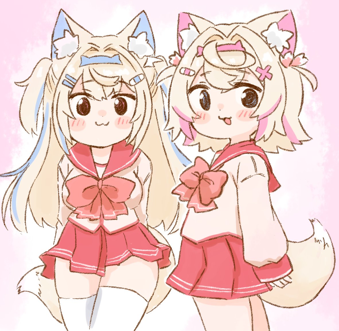 2girls, :3, animal_ear_fluff, animal_ears, bandaid, bandaid_hair_ornament, blonde_hair, blue_eyes
