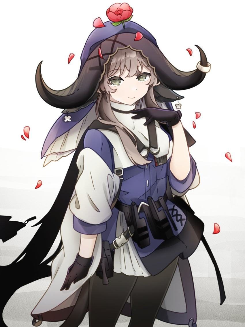 1girl, arknights, aza_nonoka, black_gloves, black_horns, black_pantyhose, brown_hair, closed_mouth