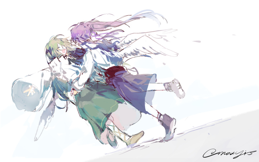 16personalities, 2girls, feathered_wings, full_body, green_skirt, highres, logician_(16personalities), long_hair