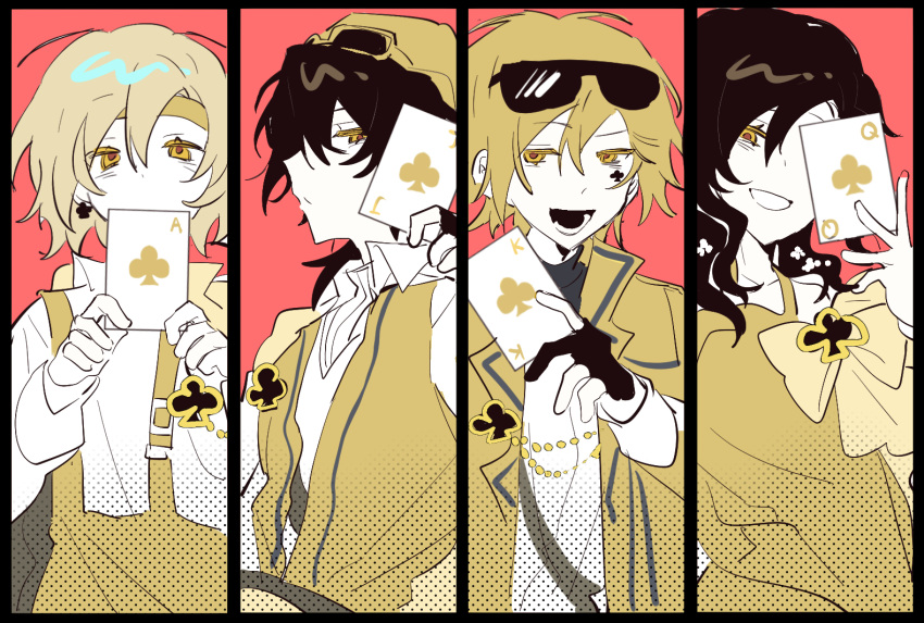 16personalities, 2boys, 2girls, ace_(playing_card), ace_of_clubs, adventurer_(16personalities), black_gloves, blonde_hair