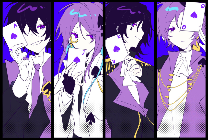 16personalities, 2boys, 2girls, ace_(playing_card), ace_of_spades, architect_(16personalities), ascot, black_jacket