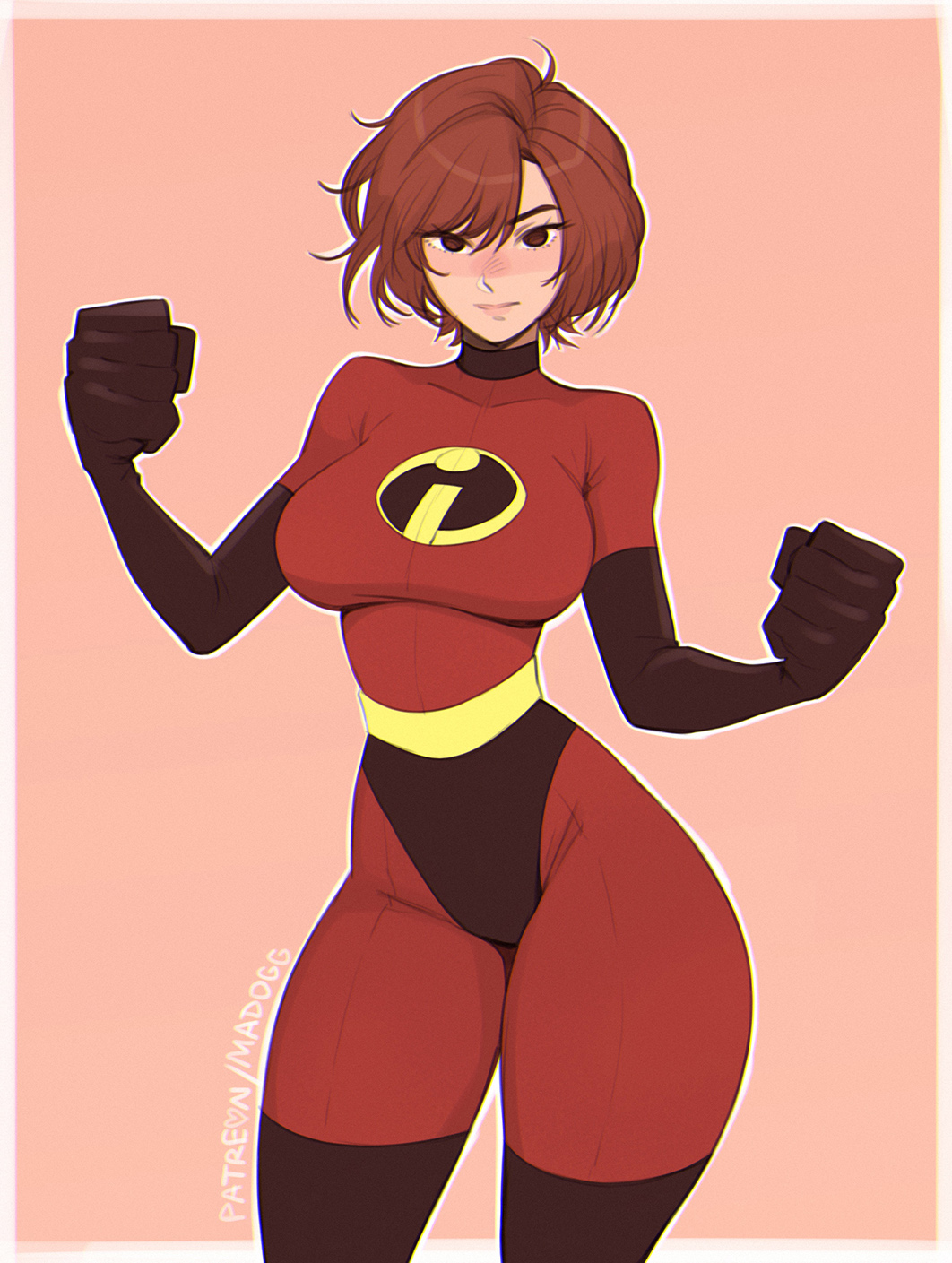 1girl, black_gloves, bodysuit, boots, breasts, brown_eyes, brown_hair, elastigirl