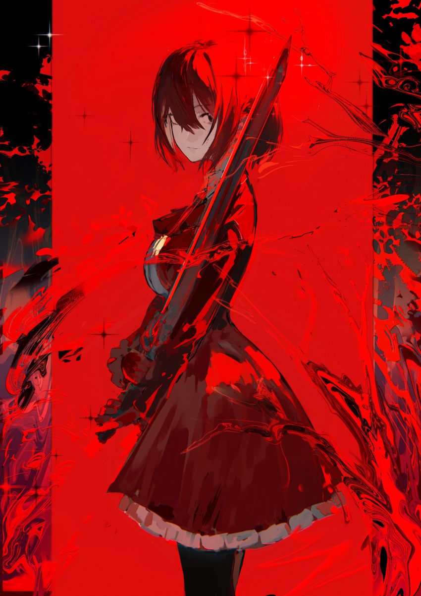 1girl, absurdres, black_eyes, commentary, dress, from_side, gloves, hair_between_eyes