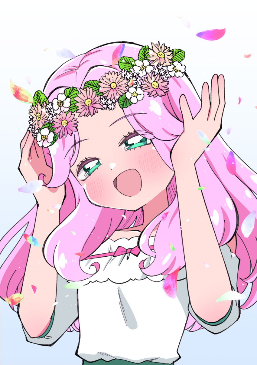 1girl, blouse, falling_petals, gradient_background, green_eyes, green_skirt, half-closed_eyes, hanami_kotoha