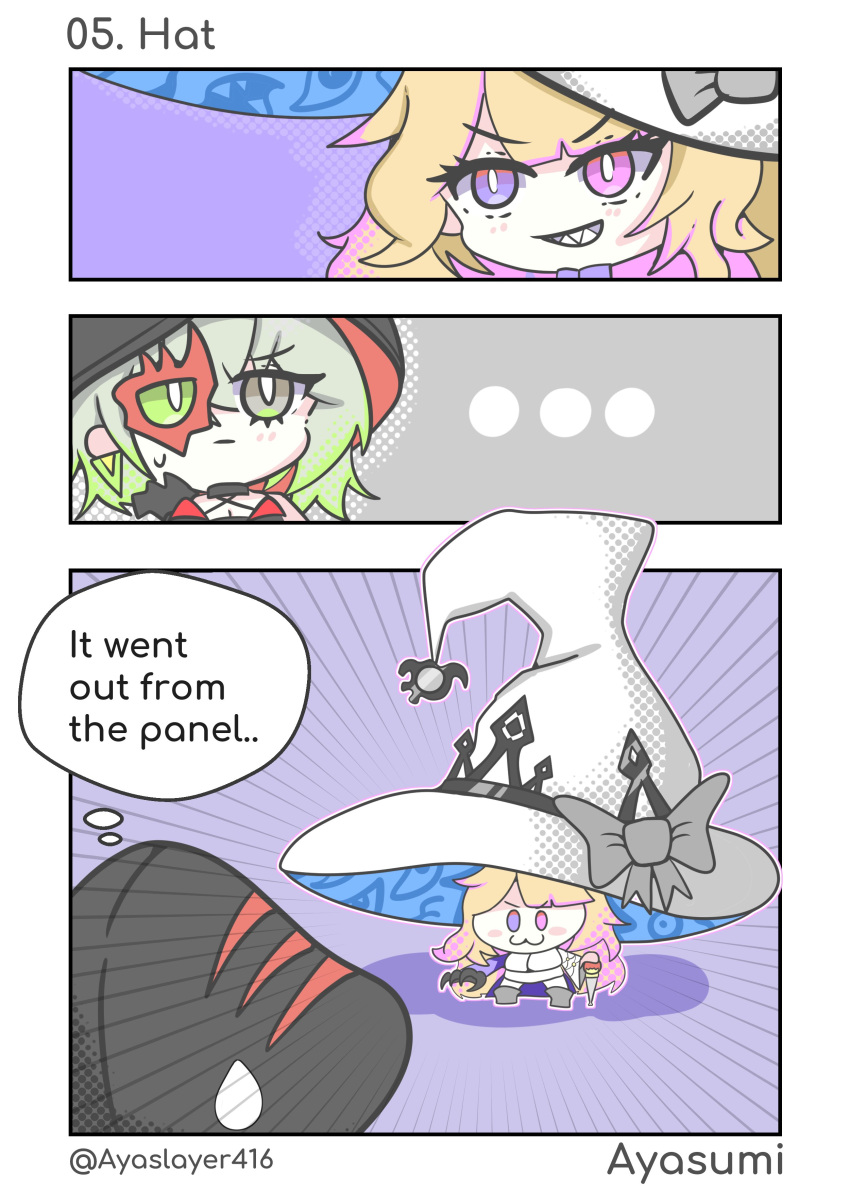 ..., 2girls, 3koma, :3, absurdres, ayasumi_(ayaslayer416), blonde_hair, chibi, comic, diabellstar_the_black_witch, diabellze_the_original_sinkeeper, duel_monster, green_eyes, green_hair, grey_eyes, grey_hair, hat, heterochromia, highres, hood, hood_up, multicolored_hair, multiple_girls, oversized_hat, purple_hair, sharp_teeth, smirk, speech_bubble, streaked_hair, teeth, thought_bubble, two-tone_hair, violet_eyes, white_hat, yu-gi-oh!
