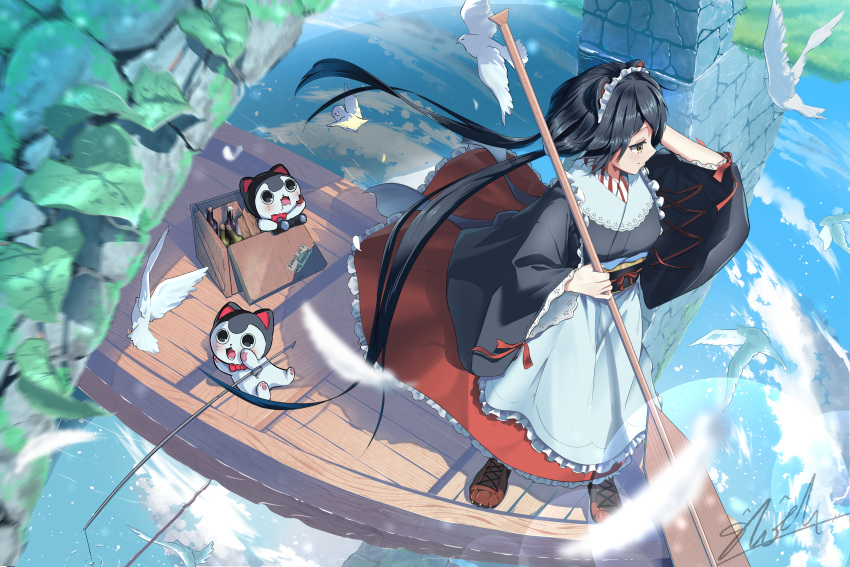1girl, absurdres, animal_ears, apron, artist_name, bag, banken_(inui_toko), binoculars