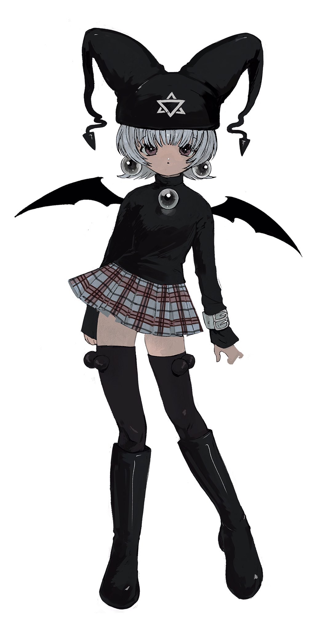 1girl, bad_id, bad_twitter_id, bat_wings, black_footwear, black_hat, black_sweater, black_thighhighs