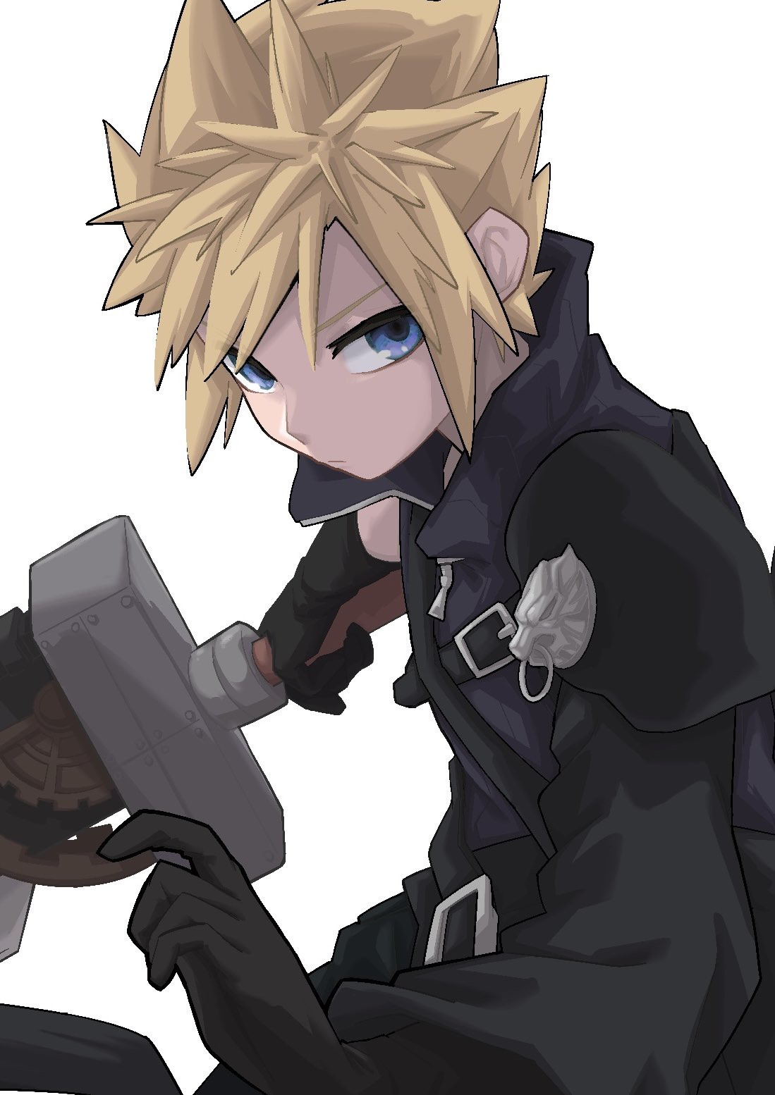 1boy, aaaakunaaaa, belt, belt_buckle, black_belt, black_gloves, blonde_hair, blue_eyes