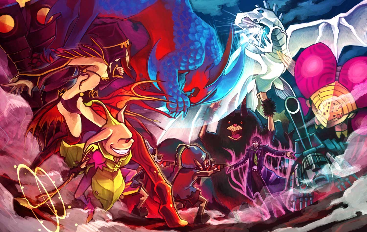 1boy, 1girl, andraste_(folkksoul), battle, blonde_hair, boots, breath_weapon, breathing_ice, brown_hair, bug-a-boo_(folksoul), bullseye_(folkssoul), cannon, clenched_hands, coat, combat_helmet, dragon_wings, ellen_(folkssoul), folkssoul, fraxinus_(folkssoul), gargantua_(folkssoul), glasses, green_necktie, grin, gun, hands_up, helmet, holding, holding_gun, holding_stick, holding_weapon, hood, keats_(folkssoul), kraken_(folkssoul), long_coat, medium_hair, necktie, oboro_(kazegoyomi), pouke_(folksoul), purple_coat, red_eyes, smile, stick, weapon, wings