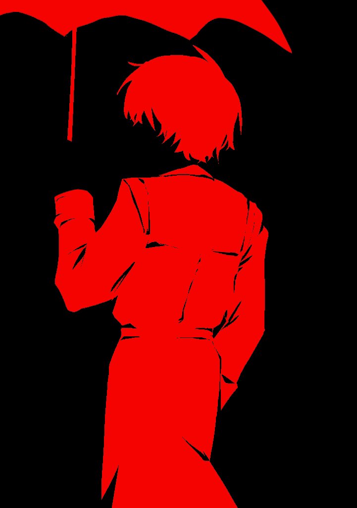 1boy, black_background, coat, commentary_request, cowboy_shot, holding, holding_umbrella, homicipher, limited_palette, male_focus, mr._scarletella, nonekoforever, red_coat, red_hair, red_umbrella, short_hair, simple_background, solo, umbrella
