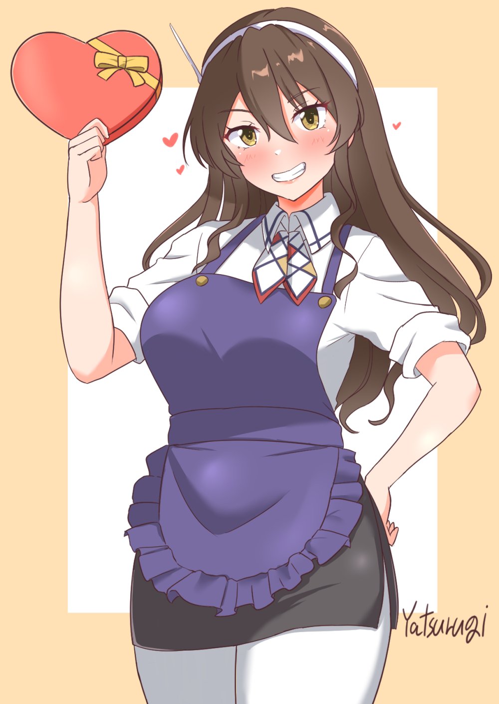 1girl, apron, artist_name, ascot, ashigara_(kancolle), ashigara_kai_ni_(ichibankuji)_(kancolle), ashigara_kai_ni_(kancolle), box, brown_eyes, brown_hair, fang, frilled_apron, frills, gift, gift_box, hairband, heart-shaped_box, highres, holding, holding_box, holding_gift, kantai_collection, long_hair, looking_at_viewer, multicolored_ascot, multicolored_neckerchief, neckerchief, print_neckerchief, purple_apron, shirt, sleeves_rolled_up, smile, valentine, wavy_hair, white_hairband, white_shirt, yatsurugi, yellow_background