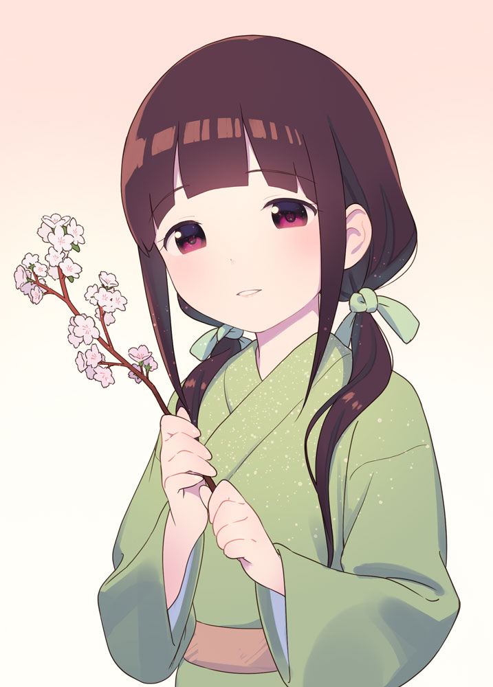 1girl, blush, branch, brown_hair, cherry_blossoms, commentary_request, green_kimono, holding