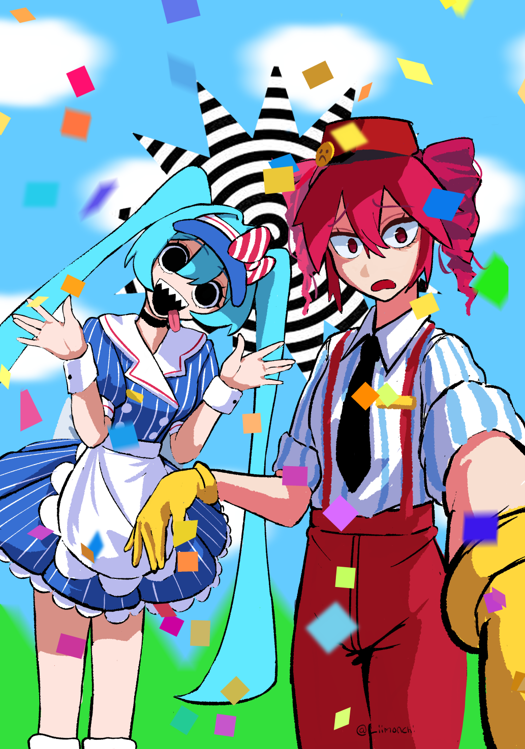 2girls, apron, black_necktie, blue_background, blue_hair, blue_hat, blue_sky, bow, buttons, clouds, collared_shirt, dress, drill_hair, gloves, hair_between_eyes, hat, hat_bow, hatsune_miku, highres, kasane_teto, kneehighs, layered_dress, liimonchi, long_hair, mesmerizer_(vocaloid), multiple_girls, necktie, pants, pinstripe_dress, pinstripe_pattern, red_bow, red_hair, red_hat, red_pants, sailor_collar, scared, sharp_teeth, shirt, short_sleeves, skirt, sky, smiley_hat_ornament, socks, solid_circle_eyes, spiral, suspenders, teeth, tongue, tongue_out, twin_drills, twintails, utau, very_long_hair, visor_cap, vocaloid, waist_apron, white_bow, white_socks, white_wrist_cuffs, wing_collar, wrist_cuffs, yellow_gloves