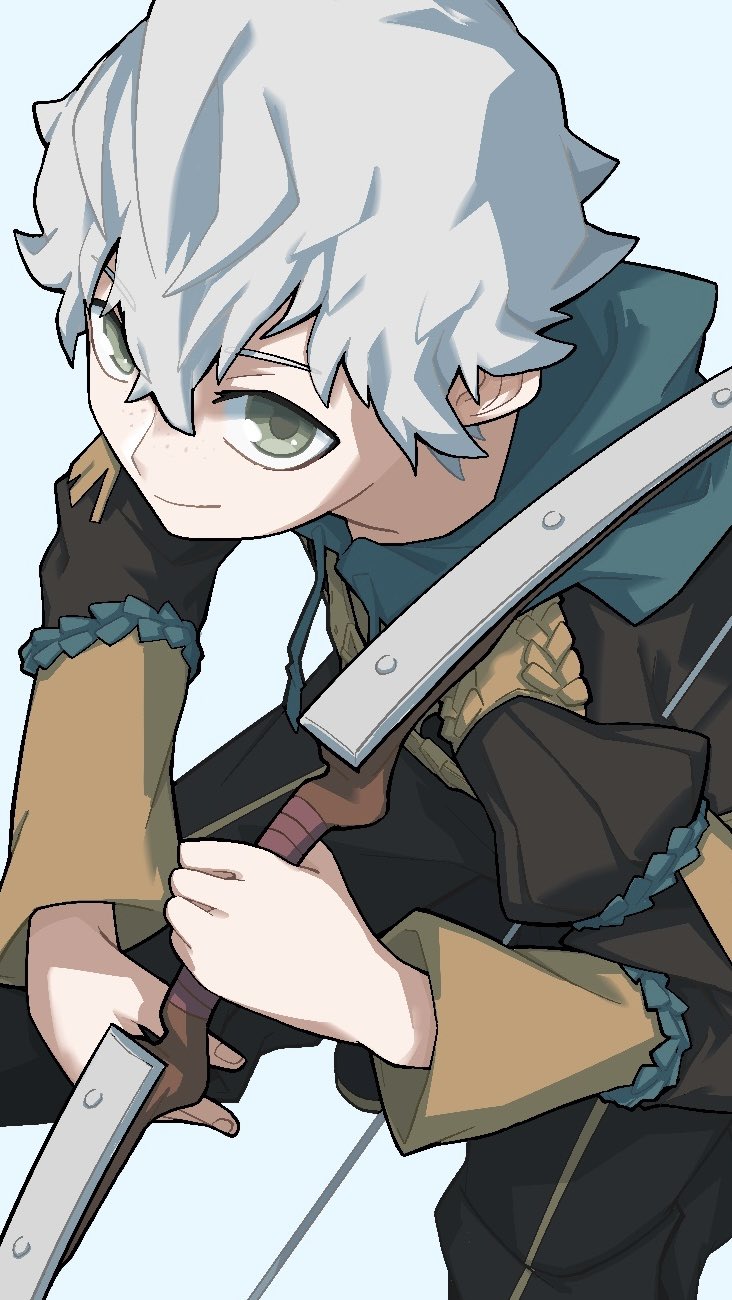 aaaakunaaaa, ashe_ubert, blue_hood, bow_(weapon), closed_mouth, commentary_request, crossed_bangs, drawstring