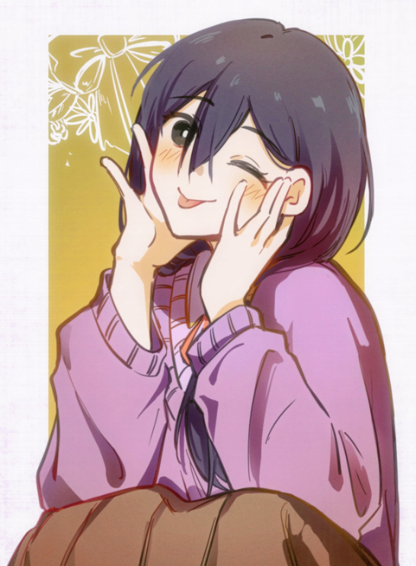 1girl, alternate_costume, bailan1130, black_eyes, black_hair, blush, border, bright_pupils, closed_mouth, highres, long_hair, long_skirt, long_sleeves, mari_(faraway)_(omori), mari_(omori), omori, one_eye_closed, outside_border, skirt, solo, tongue, tongue_out, upper_body, white_border, white_pupils