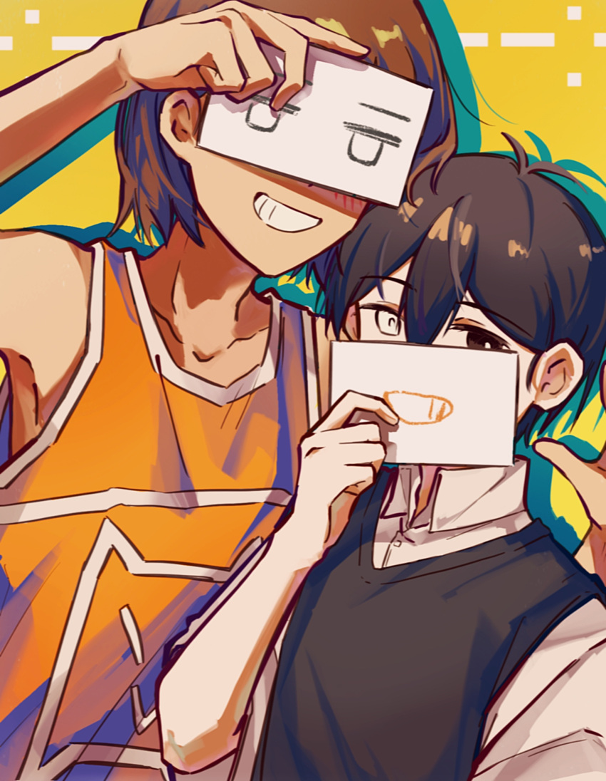 2boys, antenna_hair, bailan1130, bare_arms, bare_shoulders, black_eyes, black_hair, blush