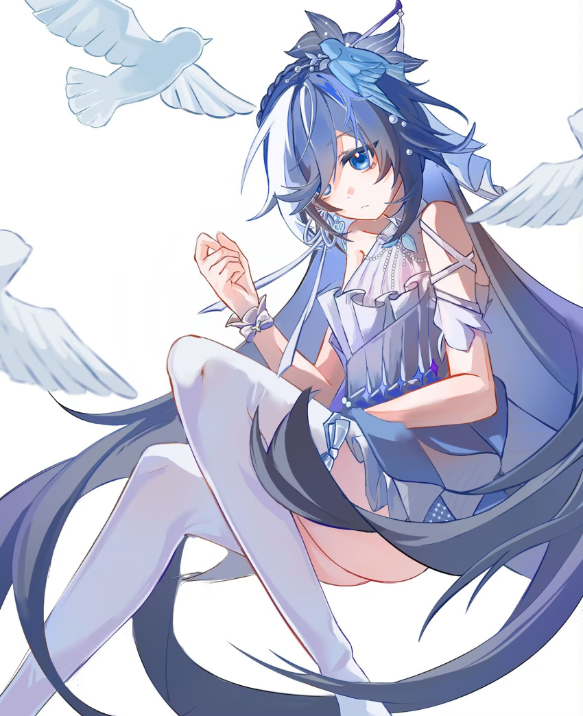 1girl, bird, bird_hair_ornament, birthday, blue_eyes, chinese_commentary, commentary, dress, floating, fu_hua, fu_hua_(azure_empyrea), fu_hua_(cerulean_court), grey_hair, hair_ornament, hand_on_lap, highres, honkai_(series), honkai_impact_3rd, long_hair, looking_at_viewer, parted_lips, simple_background, sinka78035570, sleeveless, sleeveless_dress, solo, thigh-highs, very_long_hair, white_background, white_thighhighs