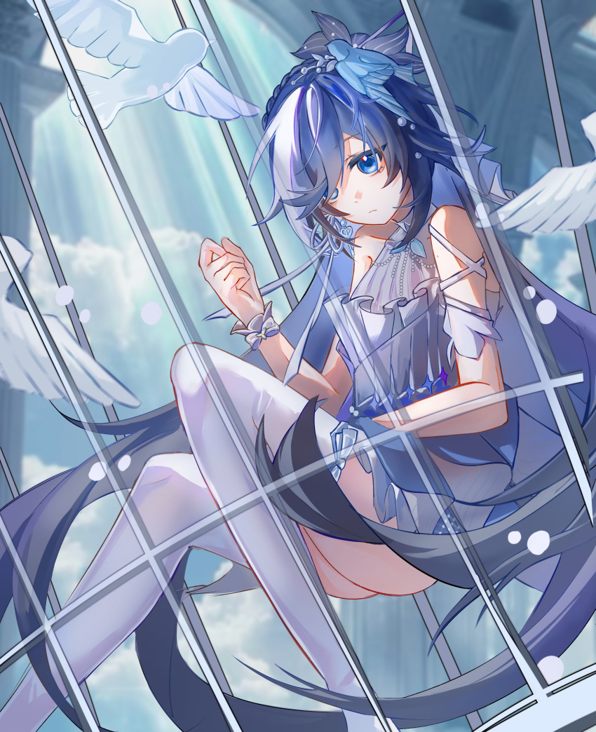 1girl, absurdres, bird, bird_hair_ornament, birdcage, birthday, blue_eyes, cage