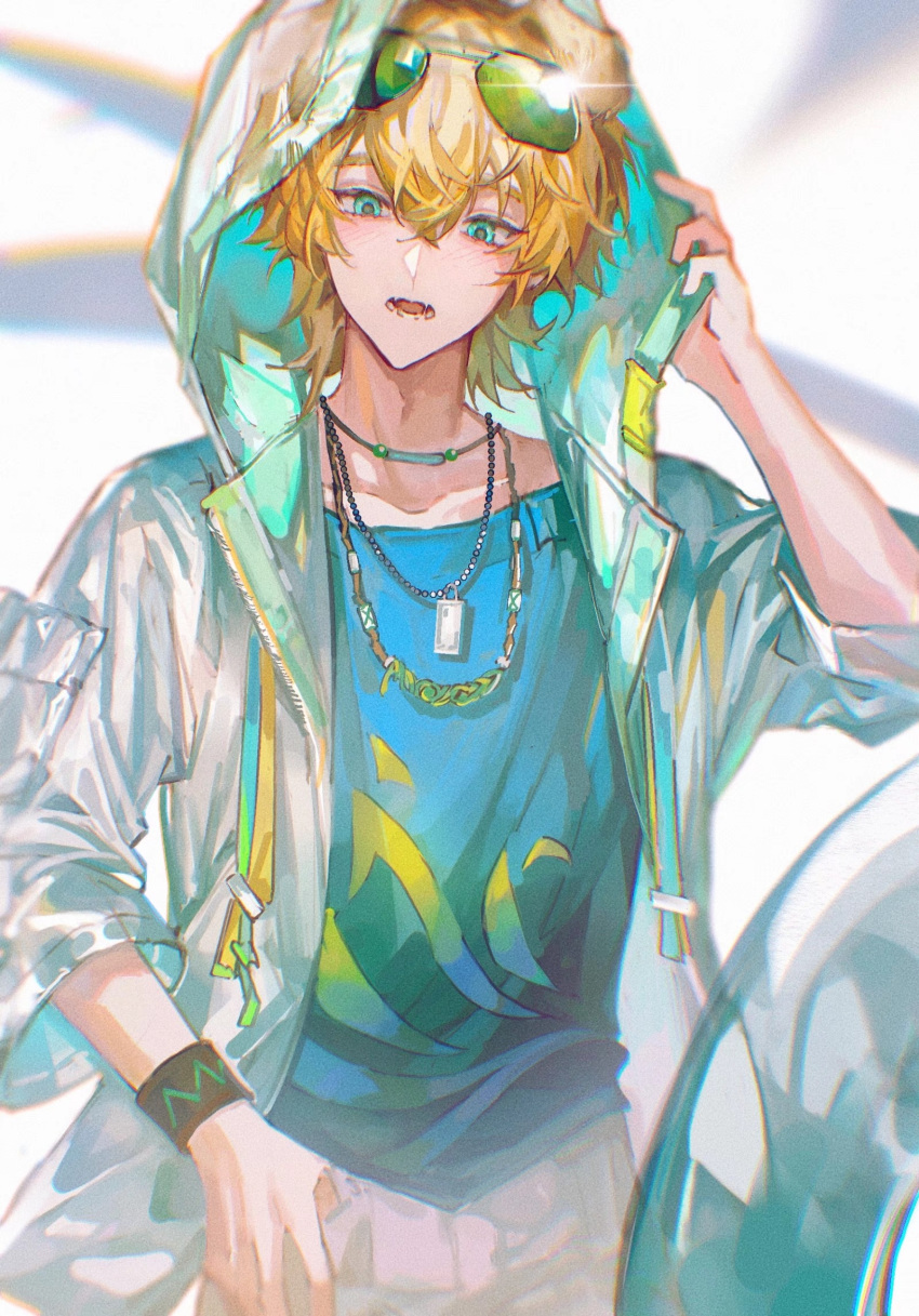 1boy, animal_ears, arknights, blonde_hair, blue_eyes, blue_vest, blush, bracelet, dog_boy, dog_ears, dog_tags, eyewear_on_head, fang, fujiwarakitazawa, glitch, green-tinted_eyewear, grey_shorts, hair_between_eyes, hand_in_pocket, hand_up, highres, hood, hood_up, hooded_jacket, inflatable_armbands, jacket, jewelry, looking_down, male_focus, messy_hair, multiple_necklaces, necklace, open_clothes, open_jacket, open_mouth, pocket, shorts, solo, sunglasses, teeth, tequila_(arknights), thick_eyebrows, three-quarter_sleeves, tinted_eyewear, tongue, vest, white_background