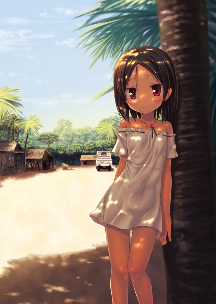 against_tree, bare_shoulders, blush, brown_hair, child, dark_skin, dress, jewelry