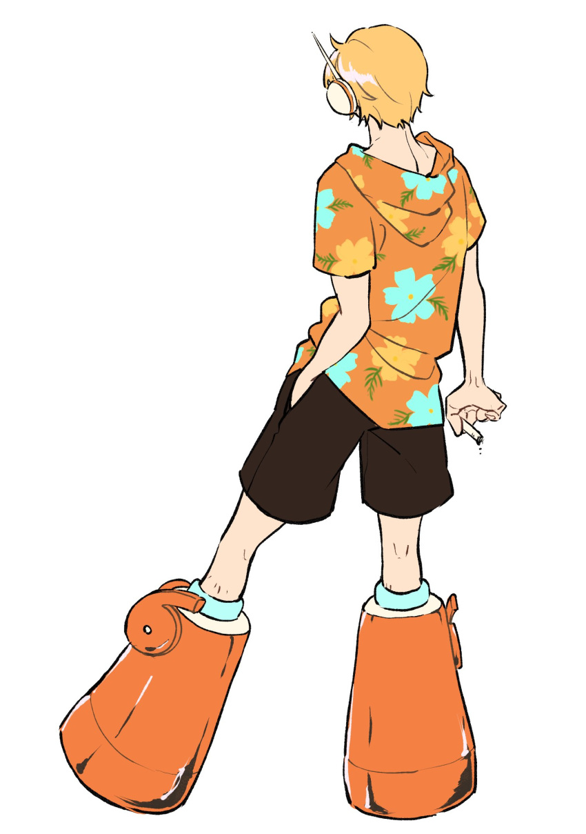 1boy, black_shorts, blonde_hair, cigar, floral_print_shirt, from_behind, goma1132, hand_in_pocket
