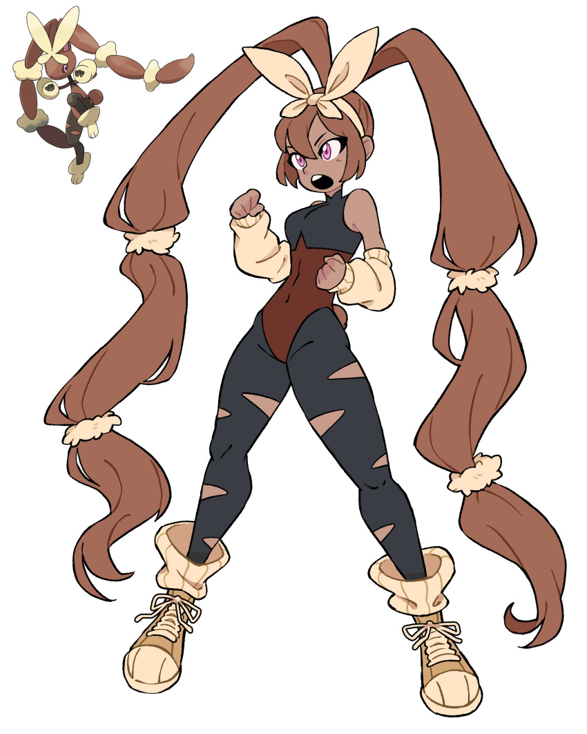 1girl, absurdres, brown_hair, dark-skinned_female, dark_skin, doodlelotl, highres, humanization, leotard, lopunny, mega_lopunny, pantyhose, pokemon, shoes, sneakers, torn_clothes, torn_pantyhose, twintails