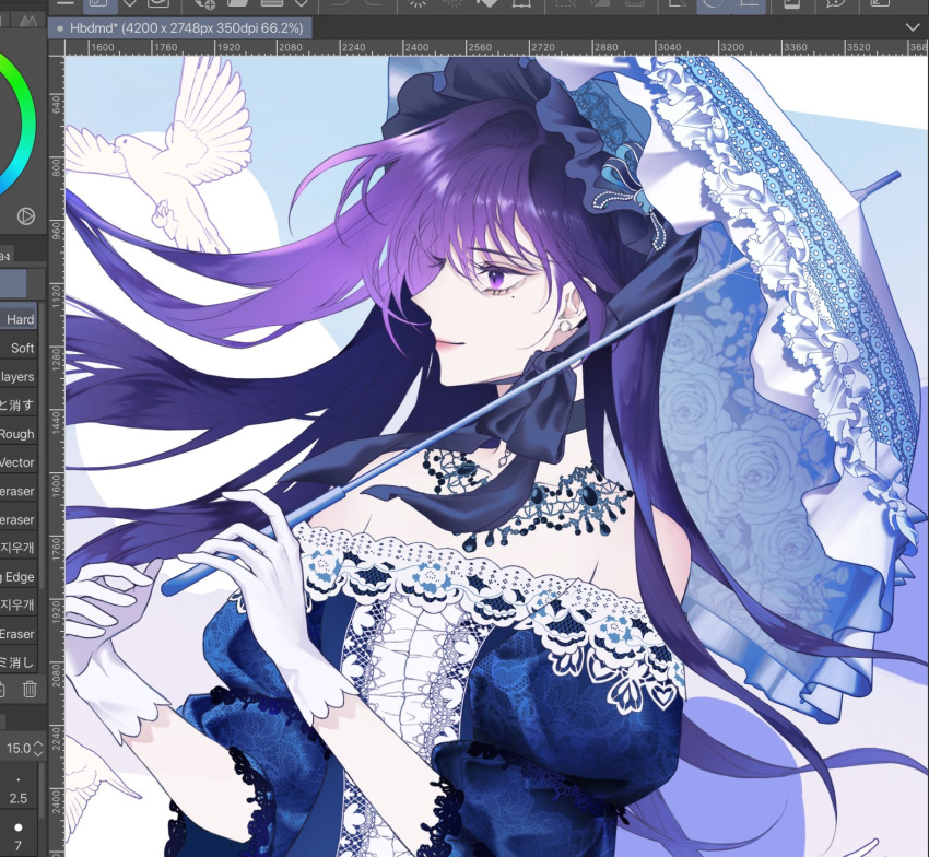 1girl, art_program_in_frame, bird, blue_dress, commentary_request, dress, floating_hair, gloves