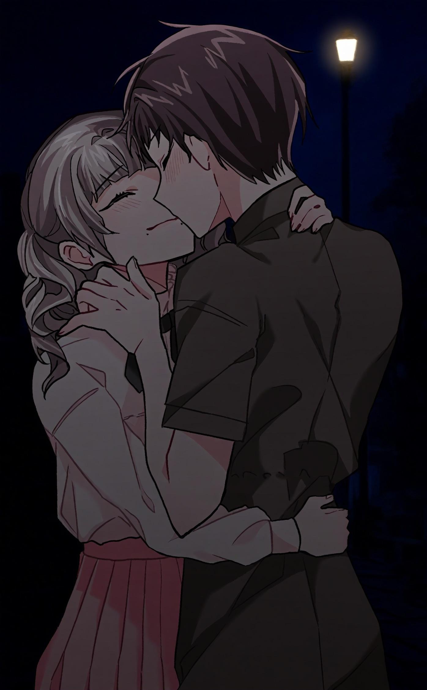 1boy, 1girl, arm_around_waist, black_ribbon, brown_hair, closed_eyes, closed_mouth, commentary