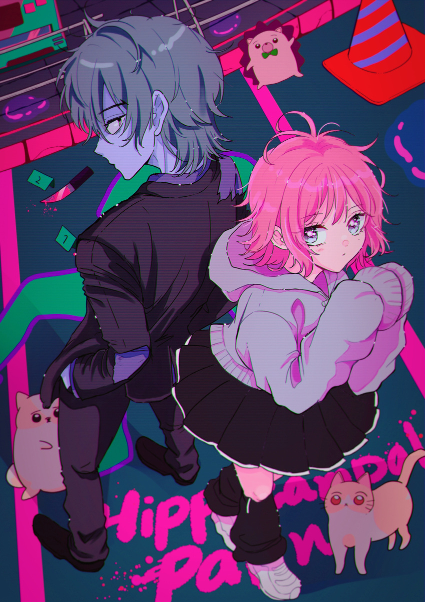1boy, 1girl, absurdres, black_dress, black_footwear, black_jacket, black_pants, black_socks