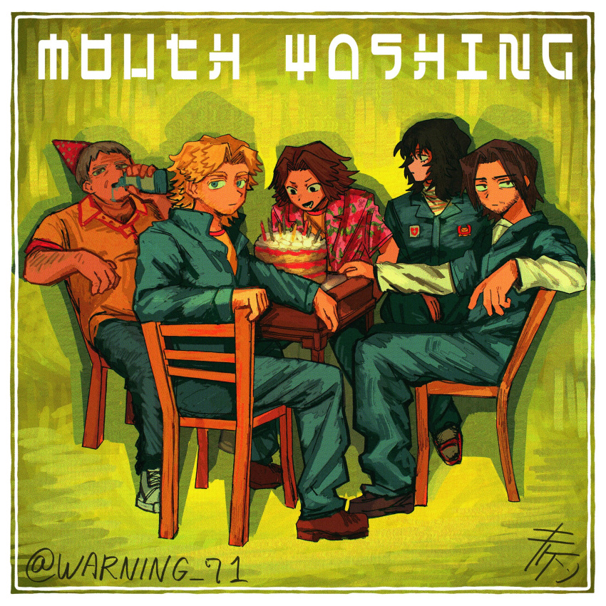 1girl, 4boys, :d, anya_(mouthwashing), birthday_cake, black_eyes, black_hair, blonde_hair