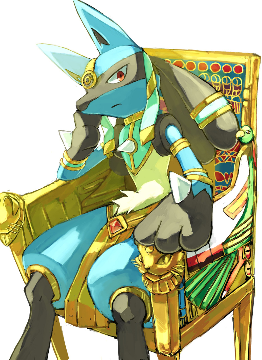 absurdres, ancient_egyptian, arm_up, bishamon_(usagi_ba), bracelet, chair, chest_spike, closed_mouth