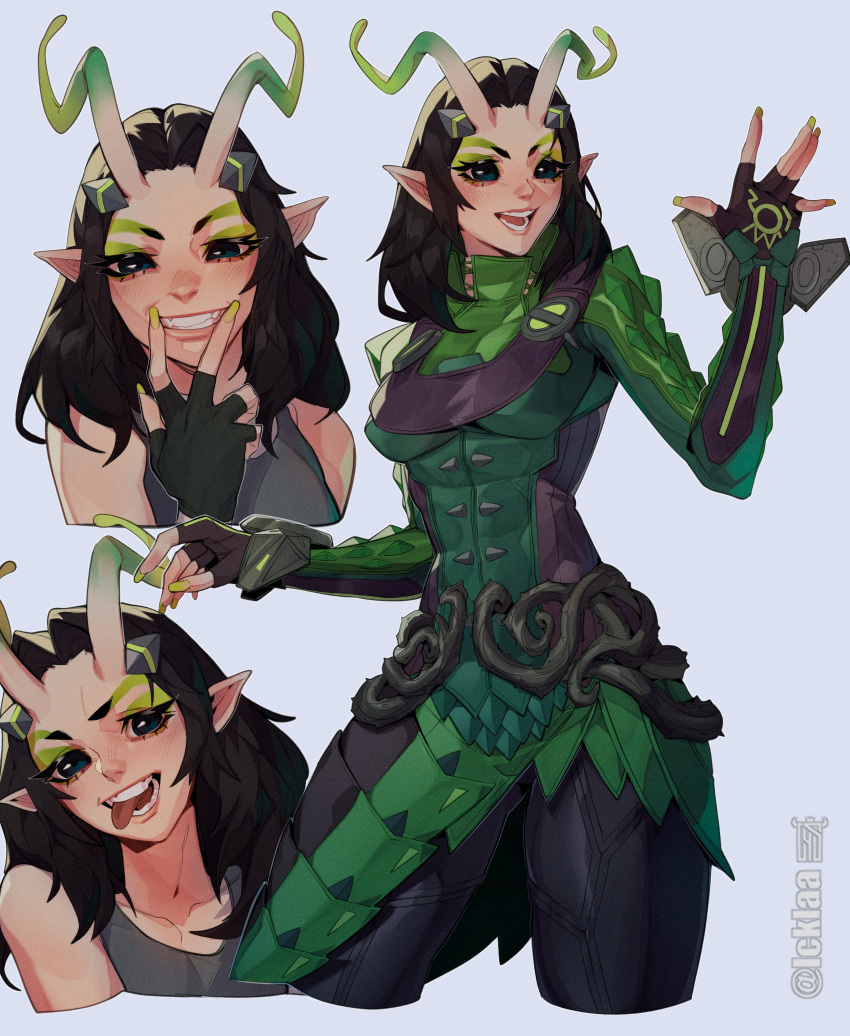 1girl, absurdres, alien, antennae, black_eyes, black_hair, guardians_of_the_galaxy, highres, icklaa, jacket, long_hair, looking_at_viewer, mantis_(marvel), marvel, marvel_rivals, open_mouth, short_hair, simple_background, smile, solo