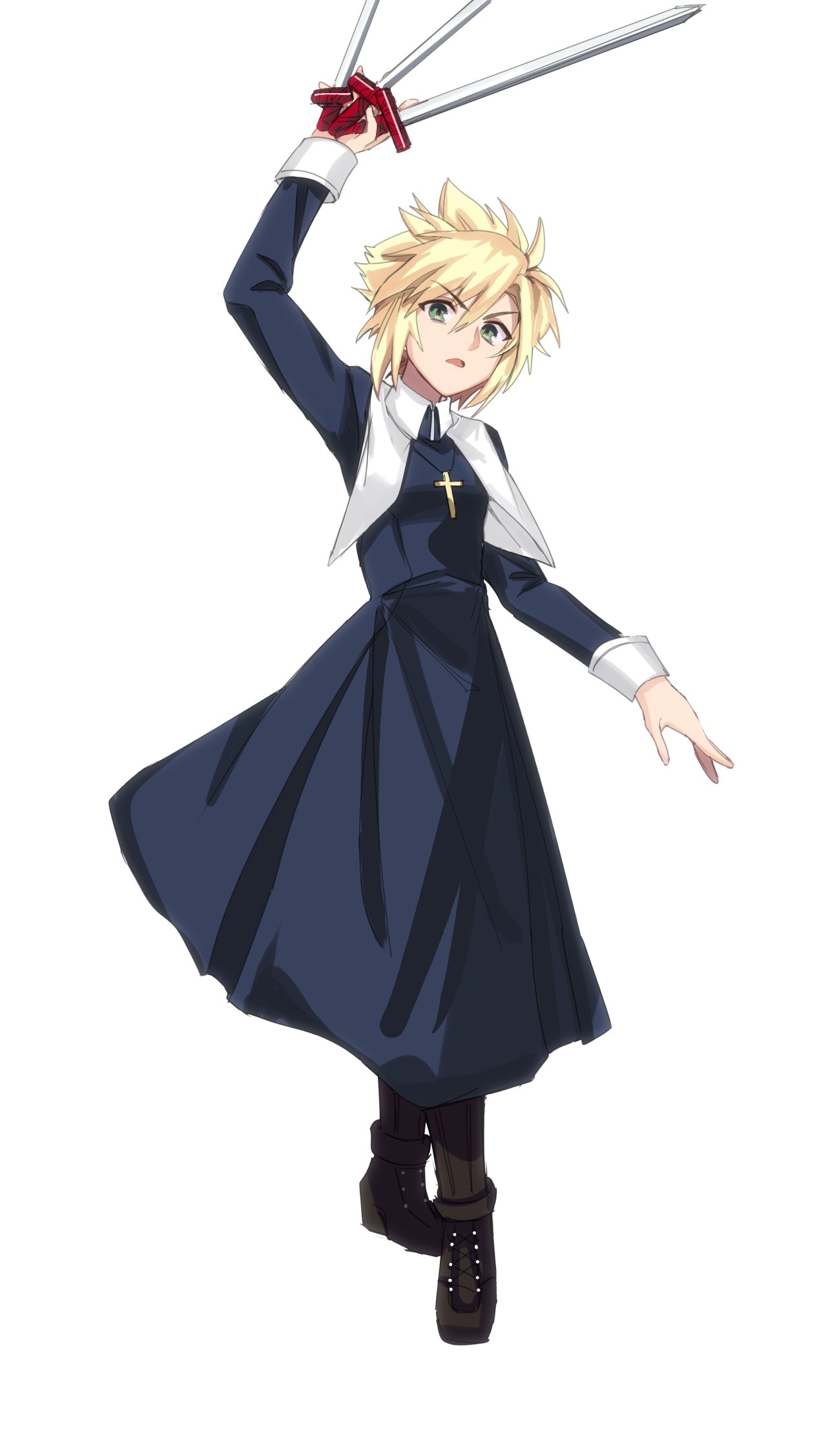 1boy, blue_dress, boots, ciel_(tsukihime), ciel_(tsukihime)_(cosplay), cloud_strife, commentary_request, cosplay