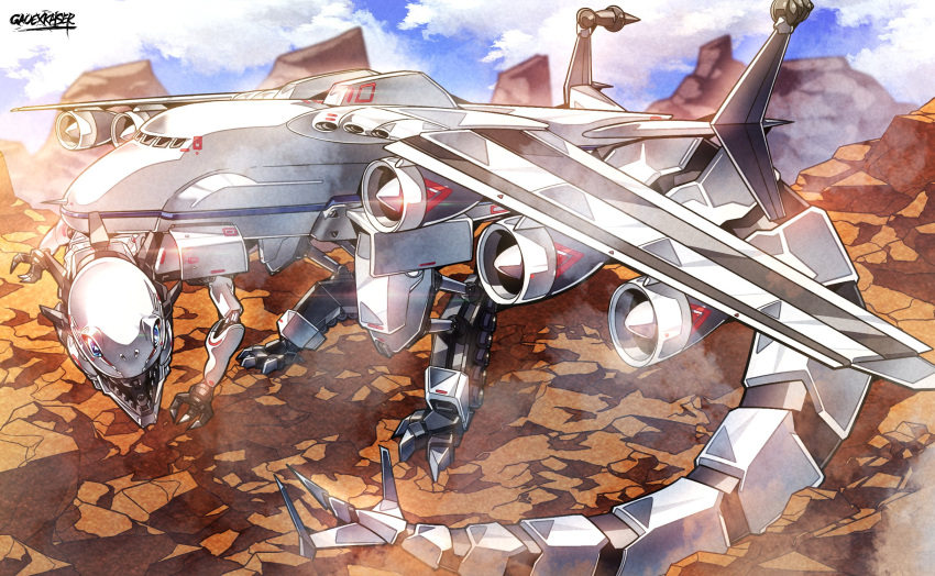 aircraft, antonov_an-225, artist_name, claws, clouds, cloudy_sky, commission, commissioner_upload, day, duel_monster, gao_ex_kaiser, glint, highres, jet_engine, mecha, mecha_focus, mecha_phantom_beast_dracossack, mountainous_horizon, no_humans, non-humanoid_robot, robot, robot_dragon, signature, sky, standing, tail, wasteland, yu-gi-oh!