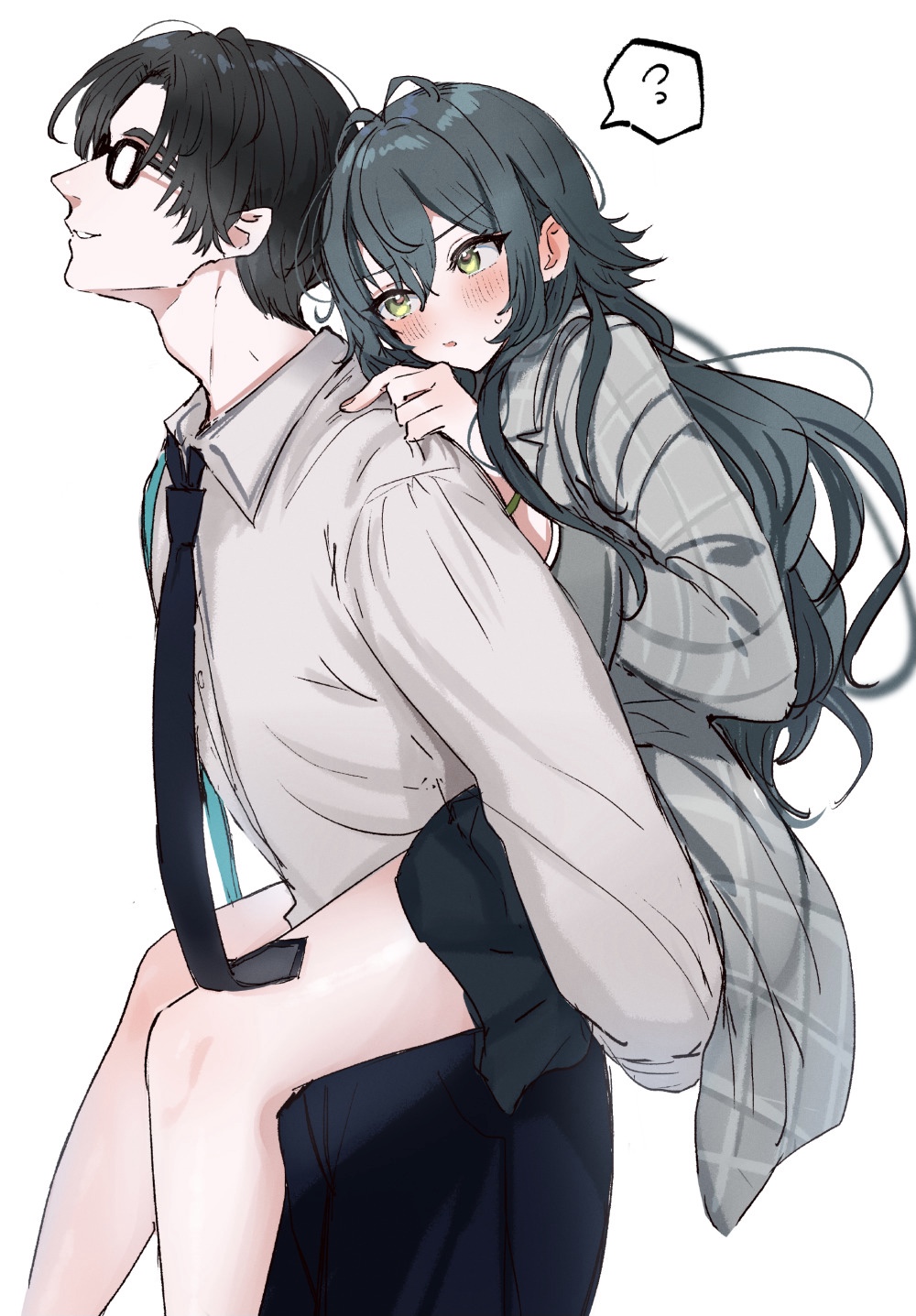 1boy, 1girl, ?, bare_legs, black-framed_eyewear, black_hair, black_necktie, black_pants