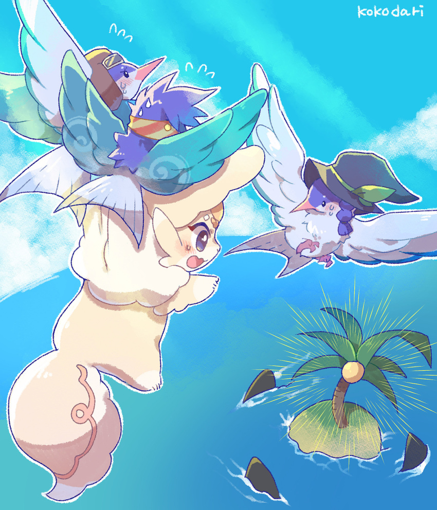animal, arctic_tern, bird, carrying, coconut_tree, day, derivative_work, duel_monster