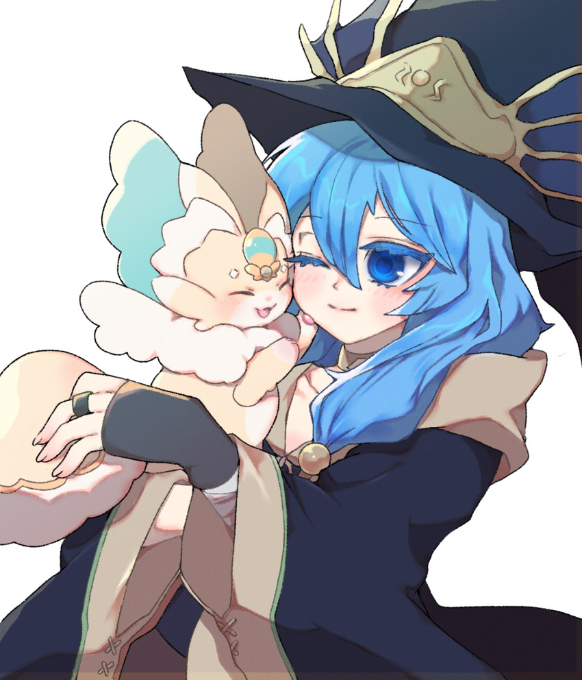 1girl, animal, ariel_(yu-gi-oh!), ariel_priestess_of_the_nekroz, black_hat, black_robe, blue_eyes, blue_hair