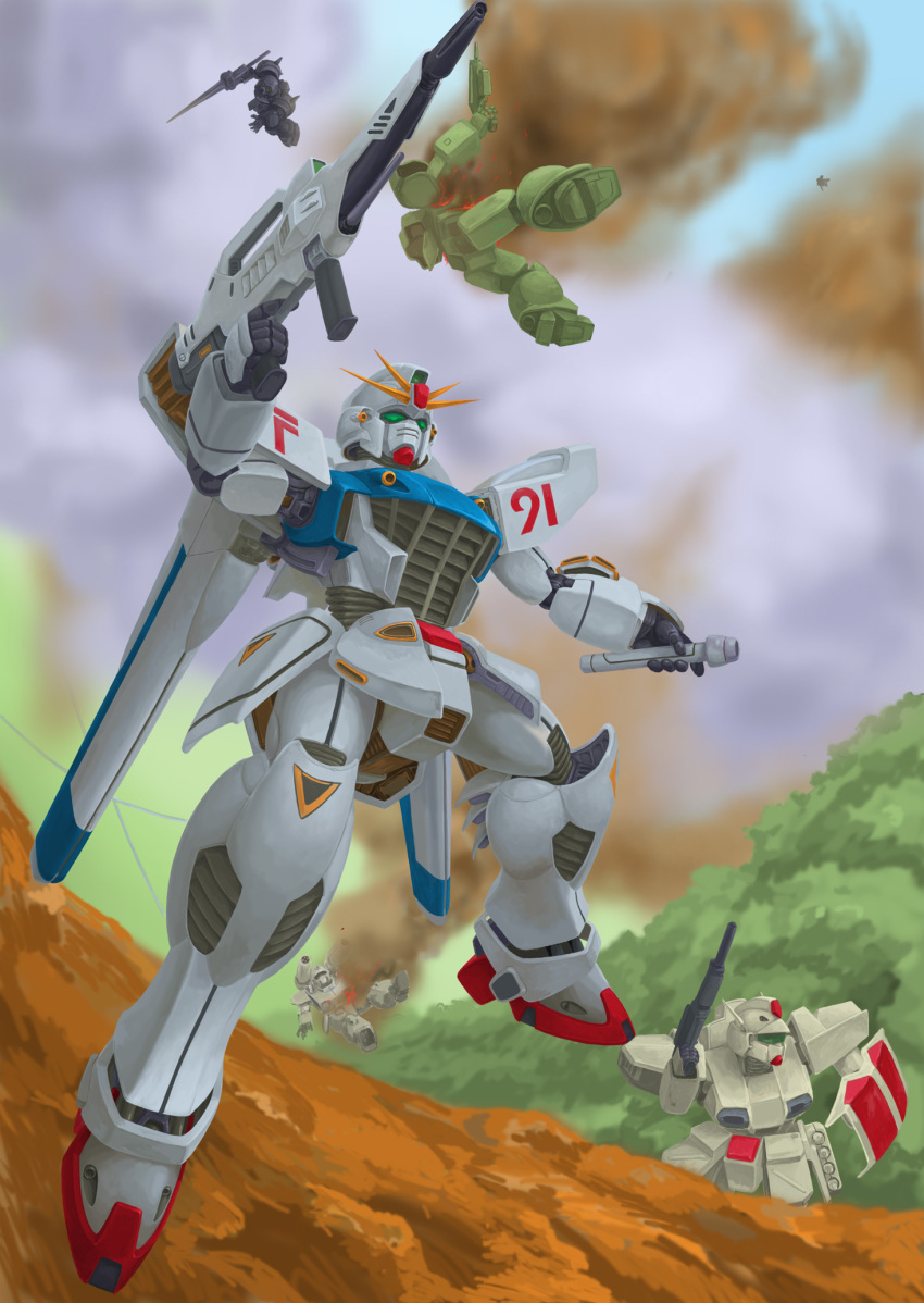 battle, beam_rifle, character_name, crossbone_vanguard, damaged, den'an_zon, earth_federation, energy_gun, energy_sword, f91_gundam, forest, gundam, gundam_f91, heavygun, highres, hill, jegan, machinery, mecha, mecha_focus, mobile_suit, mobile_suit_gundam, nature, no_humans, robot, roundel, science_fiction, shield, smoke, sword, tree, v-fin, volkov-1953, weapon
