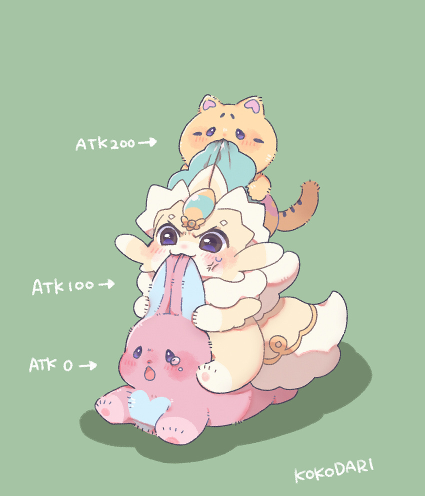 animal_focus, artist_name, biting, biting_ear, cat, duel_monster, gameplay_mechanics, green_background