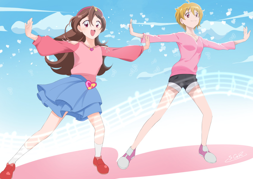2girls, black_shorts, blonde_hair, blue_skirt, blush, brown_hair, closed_mouth, clothing_cutout