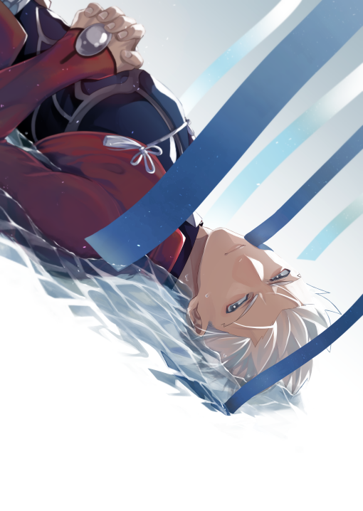 1boy, afloat, archer_(fate), commentary_request, dark-skinned_male, dark_skin, dutch_angle, fate/stay_night, fate_(series), from_side, grey_eyes, grey_hair, kiyoshita, looking_at_viewer, lying, male_focus, on_back, own_hands_clasped, own_hands_together, solo, upper_body