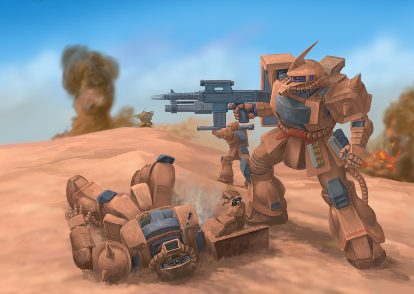 aiming, army, assault_rifle, battle, bazooka_(gundam), blue_sky, burning, cable