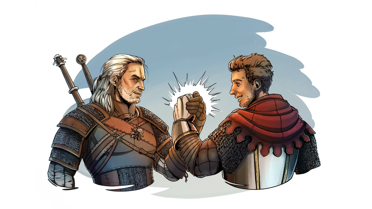 2boys, armor, brown_hair, crossover, geralt_of_rivia, henry_of_skalitz, kingdom_come:_deliverance, kingdom_come:_deliverance_ii, looking_at_another, multiple_boys, official_art, short_hair, sword, sword_on_back, the_witcher_(series), the_witcher_3, upper_body, weapon, weapon_on_back, white_hair, witcher_medallion