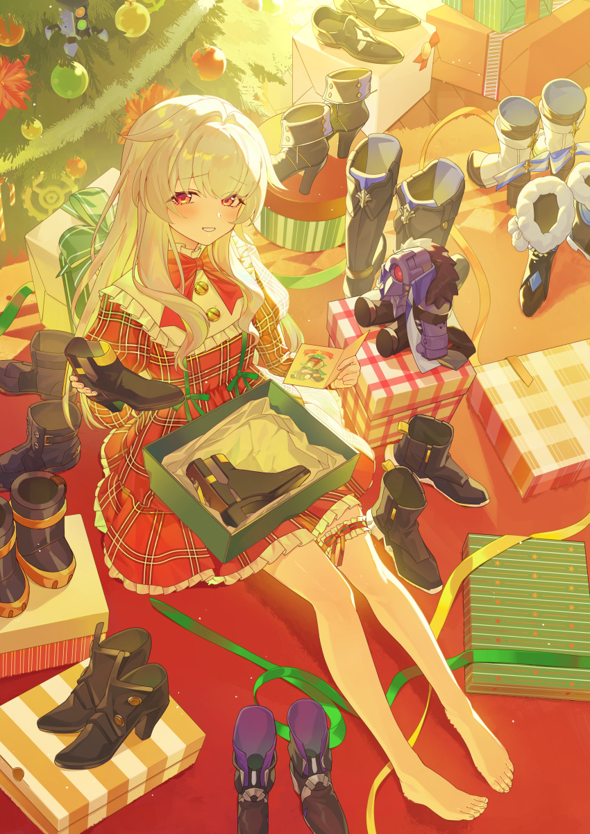 1girl, absurdres, alternate_costume, barefoot, black_footwear, boots, bow, bowtie