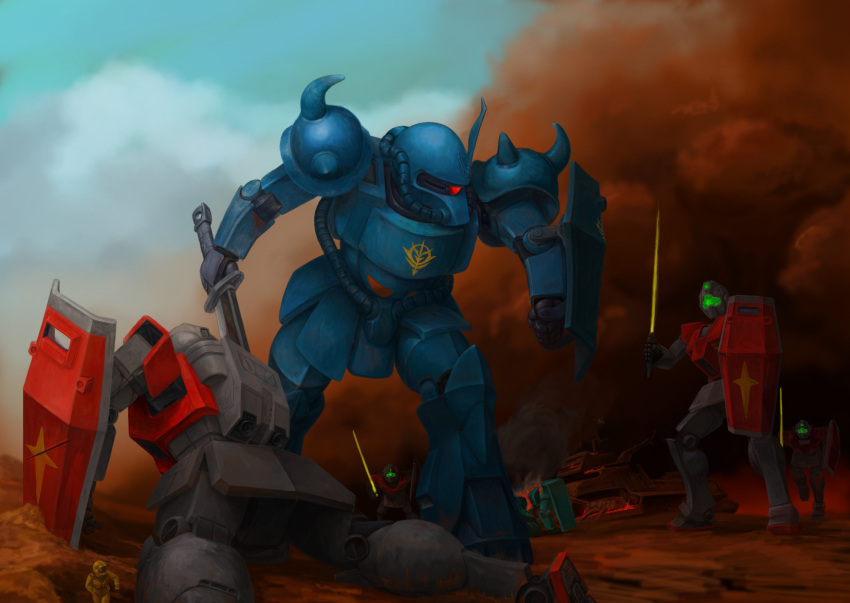battle, blue_sky, cable, clouds, commentary_request, damaged, desert, dirty