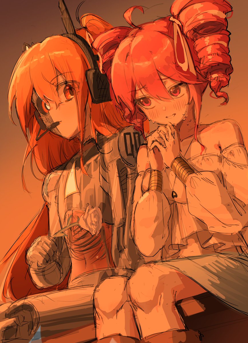 2girls, adachi_rei, android, double-parted_bangs, dress, drill_hair, flower, hair_between_eyes